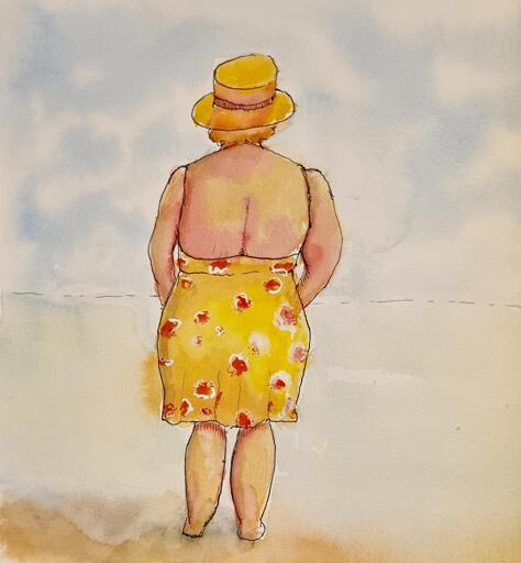Watercolour painting of a lady in a yellow dress, looking over the ocean, standing in the sand.  