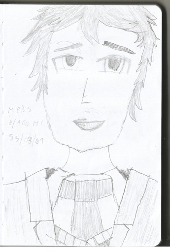 A close-up drawing of the Doki Doki Literature Club protagonist.  Right side caption: "MPDS 8/100 MC 55/03/01"