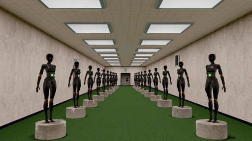 Two rows of many robots, one on each side, on an oppressive office. The robots look like young women, and are made with black shiny metal, and details in gold. On the other side of the room is a door.