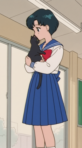 A girl with blue eyes and short dark blue hair stands in profile, holding a small black cat. She is dressed in a Japanese school uniform featuring a white blouse with a blue sailor collar and a matching pleated blue skirt. The setting appears to be a school hallway, indicated by the windows and overhead fluorescent lights in the background.