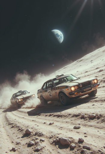 A surreal racing scene of two vintage rally cars racing across the dusty terrain of the lunar surface. The lead vehicle kicks up a plume of lunar dust as it speeds across the barren landscape, while a second similar vehicle follows closely behind. The ground is light-colored with scattered rocks. In the black sky above, a partially illuminated planet hangs dramatically, taking the place of where the moon would normally be if viewed from Earth. Stars dot the dark background, and rays of sunlight stream across the upper portion of the image.
