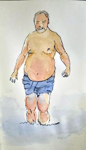 watercolour and pen/ink sketch of a man coming out of the ocean in his shorts only