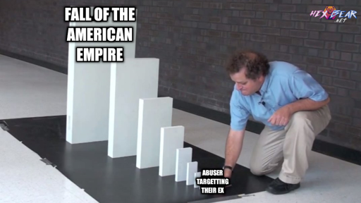 Domino Effect meme template with "Abuser Targetting Their Ex" on the little end and "Fall of the American Empire" on the big end.