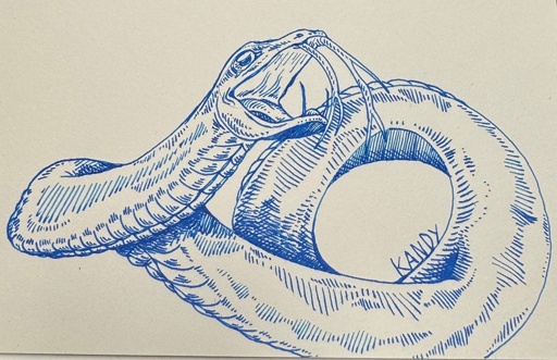 A snake that doesn’t exist with multiple fangs drawn in blue ink
