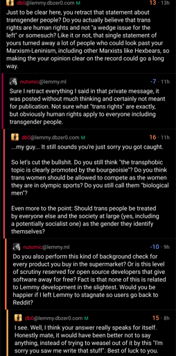 A screenshot of a convo between @db0@lemmy.dbzer0.com and @nutomic@lemmy.ml discussing nutomic's past transphobia, and nutomic blatantly dismisses it without addressing how and why what he did/said was wrong.