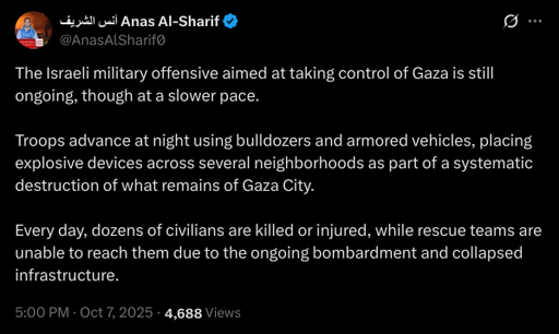 The Israeli military offensive aimed at taking control of Gaza is still ongoing, though at a slower pace.

Troops advance at night using bulldozers and armored vehicles, placing explosive devices across several neighborhoods as part of a systematic destruction of what remains of Gaza City.

Every day, dozens of civilians are killed or injured, while rescue teams are unable to reach them due to the ongoing bombardment and collapsed infrastructure.