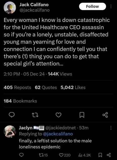 Microblog screenshot with the OP reading: "Every woman I know is down catastrophic for the United Healthcare CEO assassin so if you're a lonely, unstable, disaffected young man yearning for love and connection I can confidently tell you that there's (1) one thing you can do to get that special girl's attention..."

And the response: "finally, a leftist solution to the male loneliness epidemic"