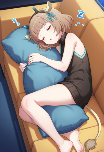 A girl is peacefully sleeping on a tan-colored couch. She has short brown hair and light brown giraffe-like ears accented with a black headband and small blue ribbons, and a matching tail rests on the couch beside her. She is wearing a black, sleeveless, high-neck knitted dress with light blue trim. She is lying on her side with her eyes closed, hugging a large blue pillow, with stylized "Zzz" graphics near her head.