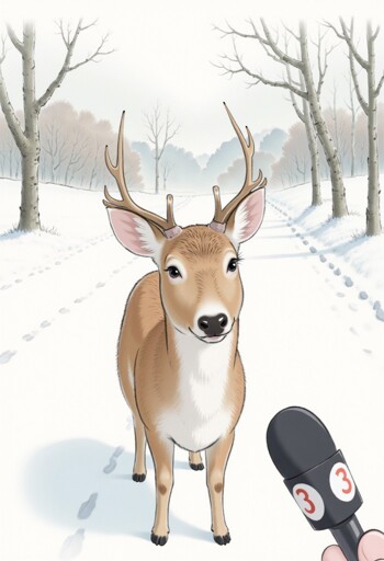 A deer with antlers standing on a snow-covered path in a forest. The deer is facing forward, and there is a microphone labeled with the number "3" being held towards the deer, suggesting an interview scenario. The background features leafless trees and a serene, snowy landscape, with footprints visible in the snow. 