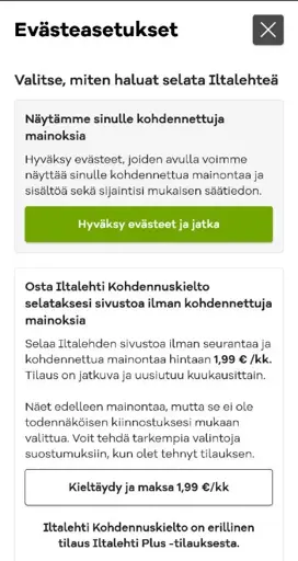 Iltalehden uusi evästehyväksyntädialogi, jossa vaihtoehdot ovat "Hyväksy kaikki" tai "Maksa 1,99€/kk"