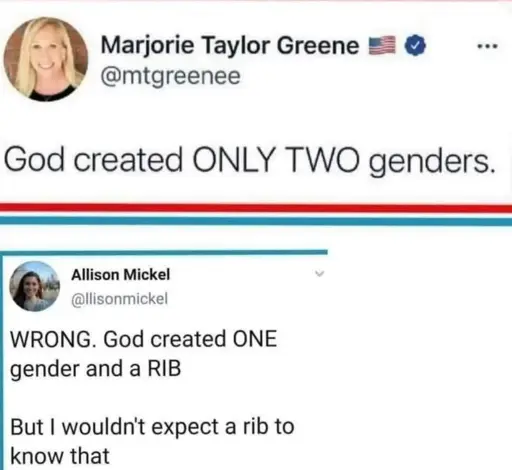 Tweet:

Marjorie Taylor Greene

@mtgreenee

...

God created ONLY TWO genders.

Reply:

Allison Mickel

@llisonmickel

WRONG. God created ONE gender and a RIB

But I wouldn't expect a rib to know that