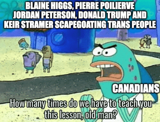 How many times do we have to teach you this lesson old man "Blaine Higgs, Pierre Poilierve Jordan Peterson, Donald Trump and Keir stramer scapegoating trans people"
