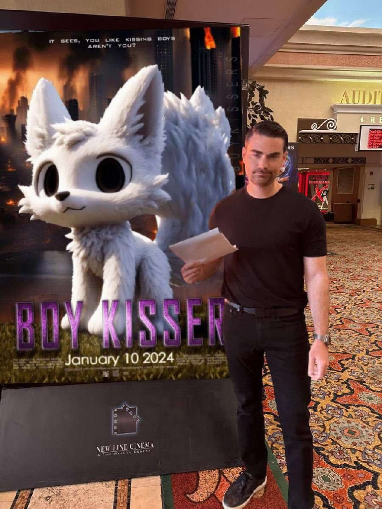 Ben Shapiro in a cinema in front of a &quot;Boy Kisser&quot; movie poster