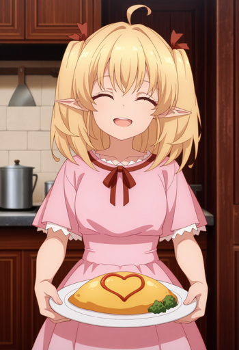 A girl with blonde hair tied into twin pigtails with red ribbons, pointed elf ears, and a beaming smile with closed eyes. She stands facing forward, presenting a white plate holding omurice decorated with a ketchup heart and a side of green vegetables. She wears a simple short-sleeved pink dress with frills at the cuffs and a red bow at the collar. The background depicts a kitchen, showing wooden cabinetry and kitchenware on the countertop.