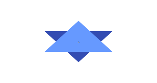 Two triangles one on top of another on top of a white background making a Star of David, Magen David, מגן דוד, similar to the Israeli flag.  The top triangle is pointing up and is a brighter tekhelet shade of blue on top of a darker shade of blue.  In the middle of the picture a wee computer mouse cursor.