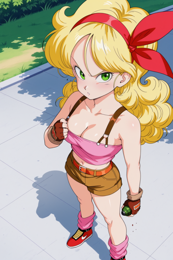 A high angle shot of a young woman with green eyes and voluminous blonde curly hair tied back with a red headband. She stands outdoors on a sidewalk under bright sunlight, casting distinct shadows. Her expression is annoyed as she looks towards the viewer, tugging at her pink tank top with one hand while the other is clenched, clutching a grenade. She wears brown shorts with an orange belt, brown fingerless gloves, pink leg warmers, and red sneakers.