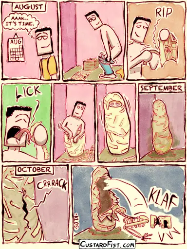 A man sees on the calendar that it’s August. He thinks to himself: “It’s time.“ He gets undressed and starts making a cocoon around himself from newspapers and saliva. There he remains until October. The cocoon bursts open and his meatless skeleton falls out.
