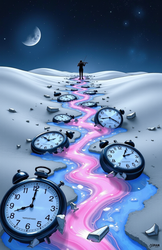 A dreamlike scene set under a starry night sky with a crescent moon. A person is playing a violin on a snowy landscape with a winding, glowing pink and blue river flowing through the snow, surrounded by numerous large, broken alarm clocks. The clocks are scattered along the river, some partially submerged, creating a fantastical and otherworldly atmosphere. 