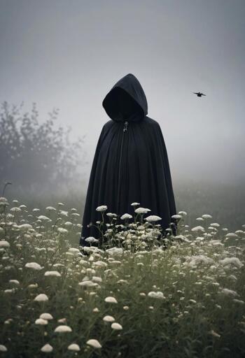 A figure stands enveloped in a floor-length black hooded cloak amidst a field brimming with white wildflowers. The hood completely obscures the face and any identifying features, creating a void of shadow. A heavy mist permeates the scene, softening the details of distant trees and lending an ethereal, muted quality to the landscape. A single bird is silhouetted against the foggy sky in the upper right of the background.