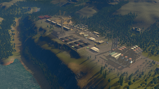 Heavy industry, in the video game "Cities Skylines" sits on a narrow plateau between a mountain and a river leaving a hazy mist in the air.