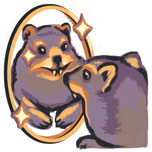 a stylized illustration of a hyrax sitting sweetly and looking into a mirror, admiring its reflection.