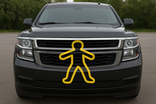 AI-generated picture of a taped body outline as seen on crime scenes, except it's on the front of an SUV. It's the size of a small child.