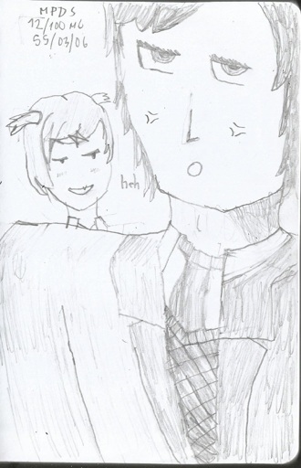 A close-up drawing of MC being annoyed by Natsuki (standing behind him, her head seen above his left shoulder, the word "heh" next to her mouth)  Top left caption: "MPDS 12/100 MC 55/03/06"