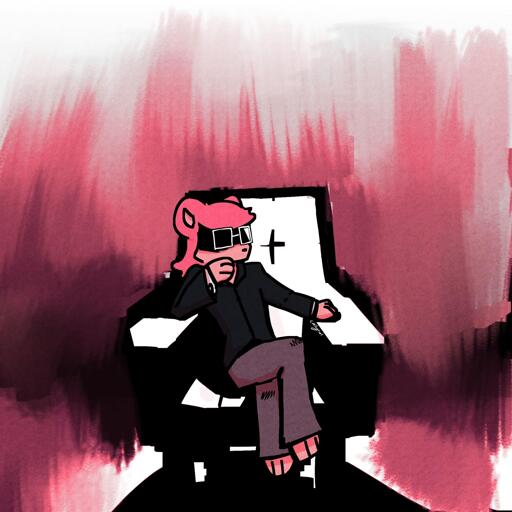 Digital art drawing with a mainly pink color palette depicting an anthropomorphic rat with pink hair, white glasses and wearing gray pants while sitting on a chair or throne. He has his right arm rested on the chair with his right hand on the bottom half of his face, the right leg over the left leg (legs crossed) and eyes fully obscured by a shadow. The style over all has a cartoon aesthetic with thick outlines and bright colors, though the background is very painterly.
