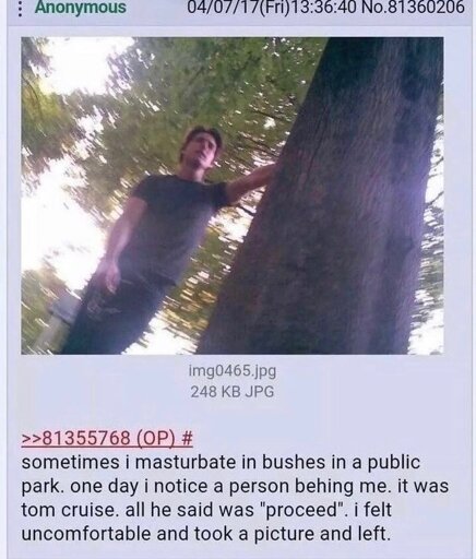 4chan post that says "sometimes I masturbate in the bushes in a public park. one day I noticed a person behind me. it was Tom Cruise. all he said was "proceed" . I felt uncomfortable and took this picture and left."

There's an attached shaky picture of what looks like Tom Cruise leaning against a tree.