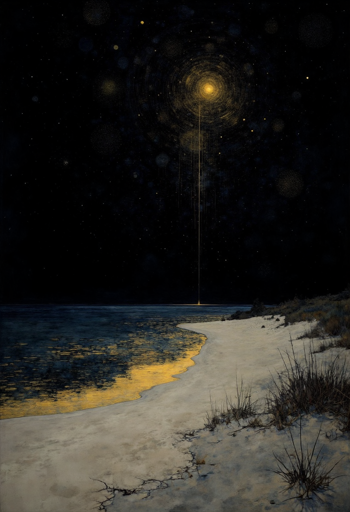 A surreal nighttime beach scene under a prominent golden light source, resembling a star, casting a radiant glow that extends downwards in a straight line to the horizon where it meets the ocean. The light reflects off the calm waters, creating a shimmering golden path that contrasts with the dark blue of the sea. The sandy shore curves gently, with patches of grass and small plants scattered along the edge. 