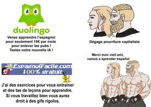 Images en deux parties. La chouette de duolingo expose son offre à des gens. "Venez apprendre l'espagnol pour seulement 15 euros par mois pour enlever les pubs ! Testez notre nouvelle IA" On lui réponds : "Dégage pourriture capitaliste" Espagnolfacile.com se présente à eux : "J'ai des exercices pour vous entrainer et des tas de leçons pour apprendre. Si vous travaillez bien vous aurez droit à des gifs rigolos" Les gens le remercient :" merci mon vieil ami, vamos a aprendar espagnol" (ils sont extrêmement musclés tout d'un coup)
