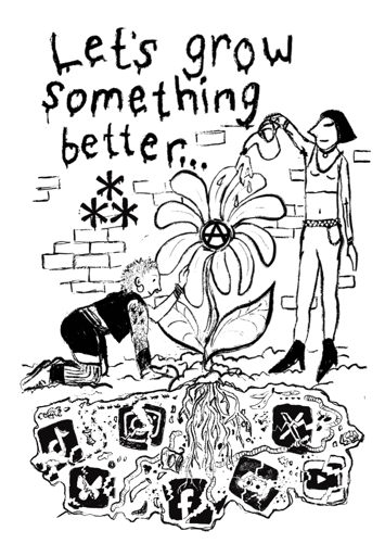 An illustration of the fediverse growing out of the broken remains of corporate media