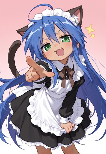 A young woman with long blue hair, green eyes, black cat ears, and a matching tail against a gradient white to pink background accented by small yellow star graphics. She is dressed in a classic black and white maid outfit, featuring a ruffled apron, a ruffled headband, and a brown bow tie at the collar. Leaning forward energetically, she is pointing directly at the viewer with their right index finger and display a wide, open-mouthed smile that reveals tiny fangs. 