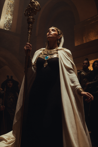 A low-angle shot of a woman adorned in regal clothing, holding an ornate staff, her gaze directed upward. She wears a long black gown featuring with a gold neckline with a prominent blue gem, complemented by a flowing white cape and a gold headpiece. The setting is the interior of a grand hall, with stone walls and archways visible in the background, where several other figures stand observing.