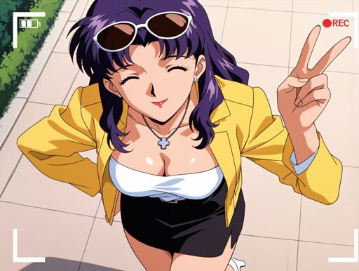 A woman with shoulder-length dark purple hair, viewed from a high-angle perspective as if captured by a recording camera, indicated by viewfinder frame lines and a 'REC' symbol. She gazes upward towards the camera with a cheerful, closed-eye smile while making a V-sign with her left hand from an outdoor paved area bathed in bright daylight. She is wearing white-framed sunglasses pushed up onto her forehead, a yellow jacket open over a white top, black skirt, white shoes, and a silver cross pendant necklace. 