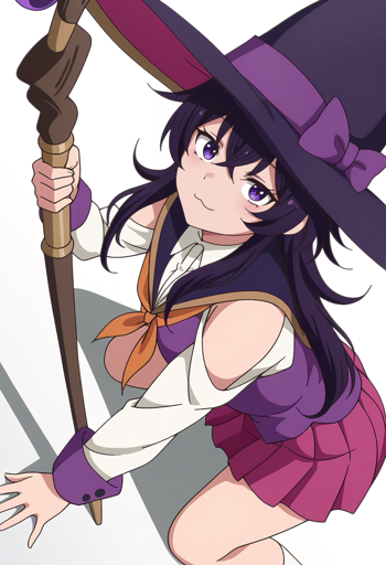 A young woman with dark purple hair and purple eyes. She is crouching on the ground holding a tall, wooden magical staff in her right hand, looking forward with a pleasant, self-assured smile. Her attire consists of a purple witch's hat adorned with a lighter purple ribbon and bow, a white off-the-shoulder blouse, a purple sailor collar featuring an orange neckerchief, a purple vest with matching purple cuffs, and a pleated magenta skirt.