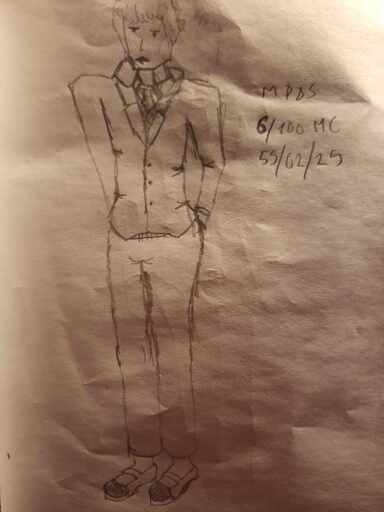 A substandard drawing of the Doki Doki Literature Club protagonist.  Right side caption: "MPDS 6/100 MC 55/02/25"