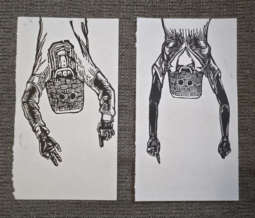 linocut print of two people, upside down with a bayong bag covering their head. referencing to the makapilis in the philippines during WW2 who collaborated with the invading japanese soldiers in searching and capturing filipino freedom fighters.