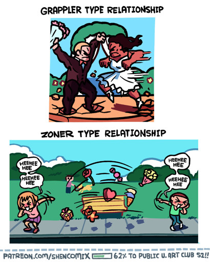 Panel 1: "Grappler Type Relationship". It's a man in a suit with their hands up in a powerful stance. He has a bouquet of flowers in his left hand, and his right hand is open. He has sunk into the wedding altar he's in in this stance, sending some chunks of it into the air. Sliding into him is a woman in a wedding dress, but she is equally yolked, and honestly coming at him like a bullet train.  Panel 2: "Zoner Type Relationship". It's a girl in pink and purple, and a guy in green in blue. They are standing far away from each other along a sidewalk, giggling and blushing while looking away, and throwing gifts at each other. Flowers, candy, a teddy bear, a wrapped gift, and ice cream are flying through the air. A man with a dog stands in the background, looking.