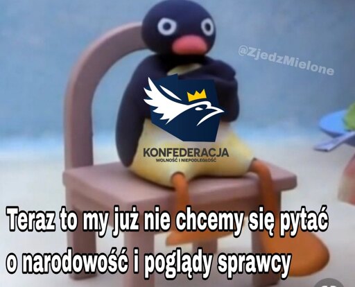 obrażony pingwinek z nałożonym logo konfederacji