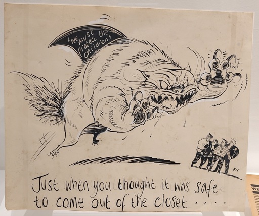 An image of frightened looking gay men with the caption "Just when you thought it was safe to come out of the closet ..." and an aggressive gigantic cat labeled "We must protect our children".