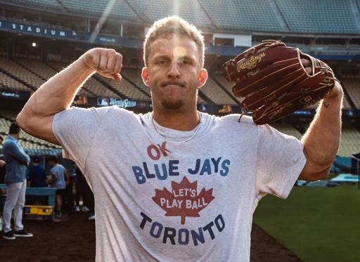 I picture of Mylse Straw at Dodger Stadium during practice. He's wearing an old school Blue Jays t-shirt, and he's flexing both arms for the camera
