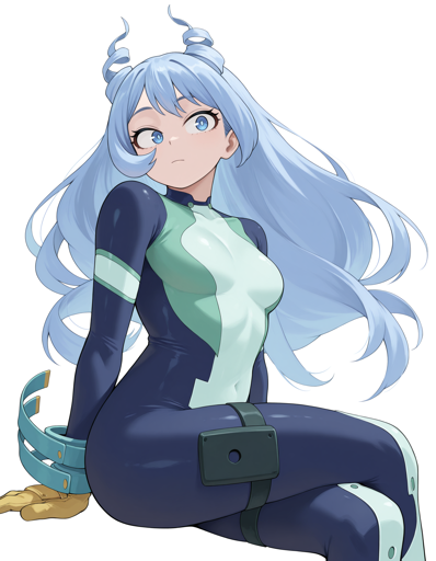 A woman with blue eyes and very long light blue hair that features two strands of hair styled into upright spirals resembling horns atop her head, sitting against a simple white background. She is angled slightly away but looking off to the right with a curious or attentive expression. The character wears a dark blue, bodysuit featuring lighter, seafoam green panels across the chest and torso, thick, teal gauntlets around her wrists, tan gloves, and a dark pouch strapped to her thigh.