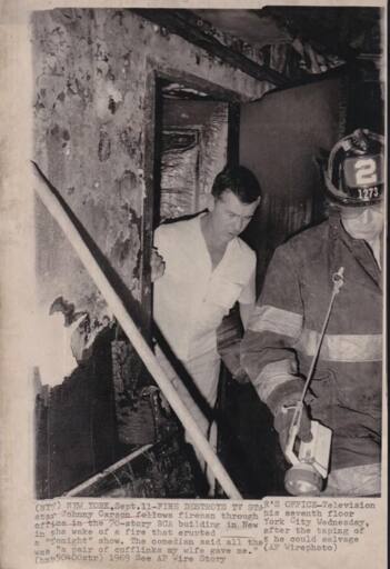 Picture of a news clipping from the time Johnny Carson's office caught fire on September 11 1969