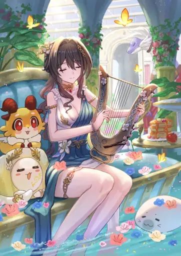 Ruan Mei playing harp surouded by dragons and her creations in Amphoreus