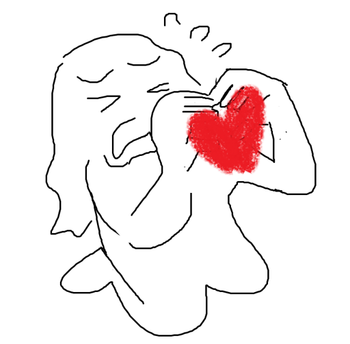 a minimalist, silly doodle of myself, on my knees, raising my hands to form a heart but my expression is fearful and weeping. End ID.